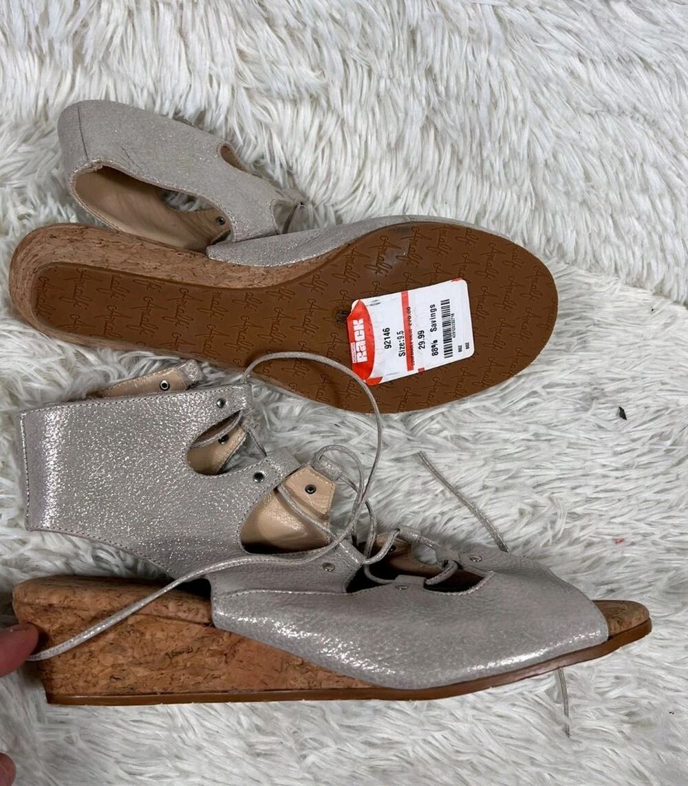 Amalfi by Ranfoni Morata Cork Wedge Cage Sandals Size 9.5 Silver Leather Lace Up